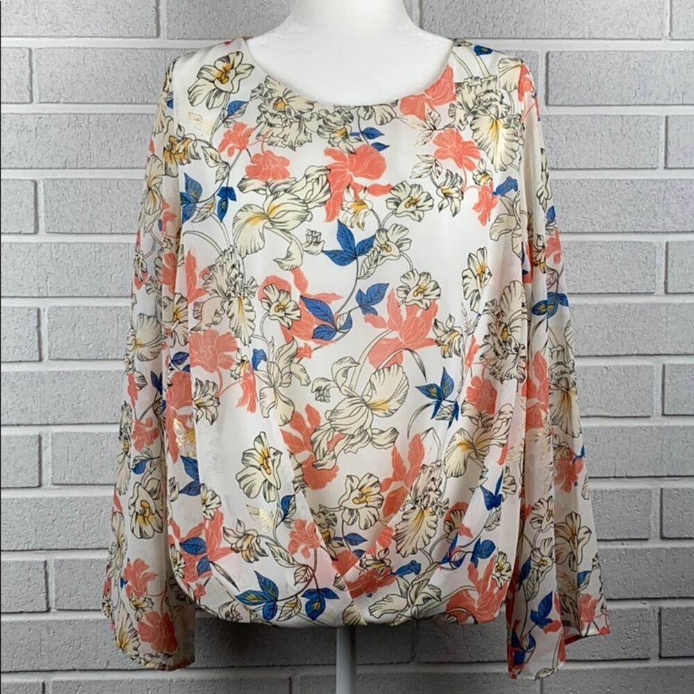 Le lis Women's White Orange & Turquoise Floral Print Sheer Flowy Top Size Large